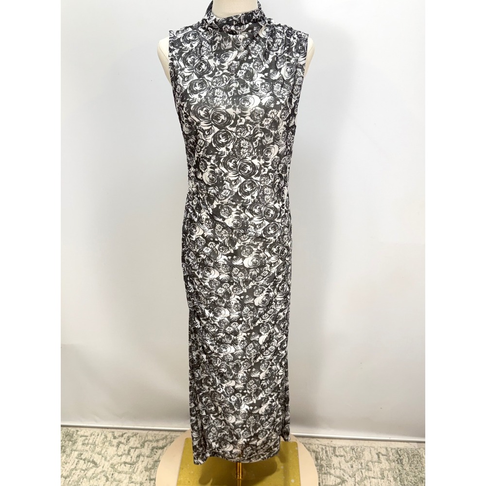 Betsey Johnson Black White Rose Floral Mesh Maxi Dress mock Neck Ruched Medium